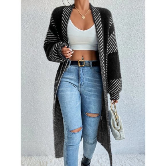 so soft comfy open front striped print fuzzy sweater knit duster cardigan black - Picture 4 of 6